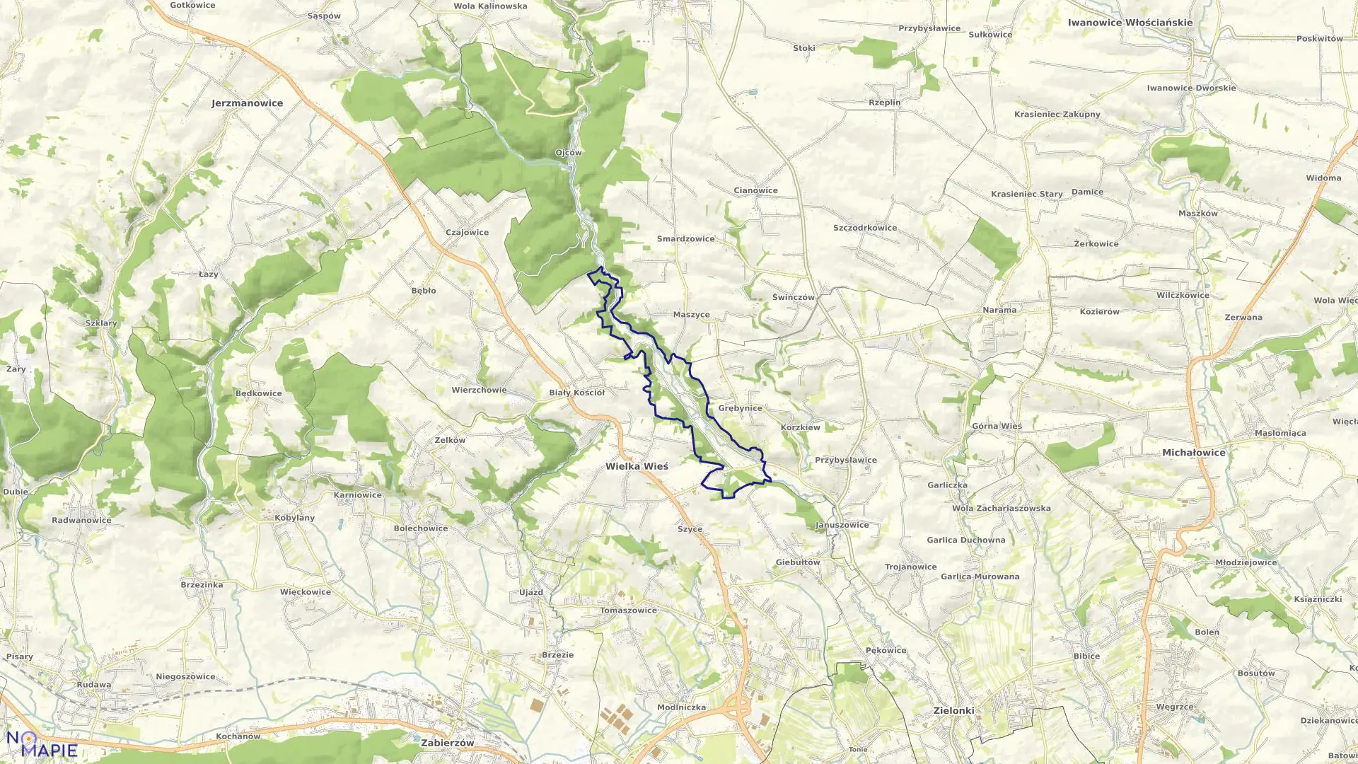 Mapa obrębu Prądnik Korzkiewski w gminie Wielka Wieś